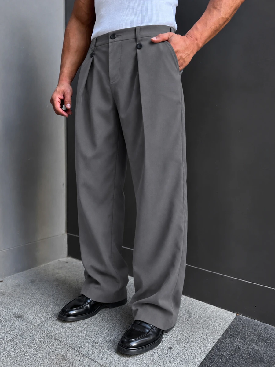 Manfinity Bizformal Men's Casual Pleated Pocket Suit Pants, Loose Fit For Daily Wear - Dark Grey - View 1