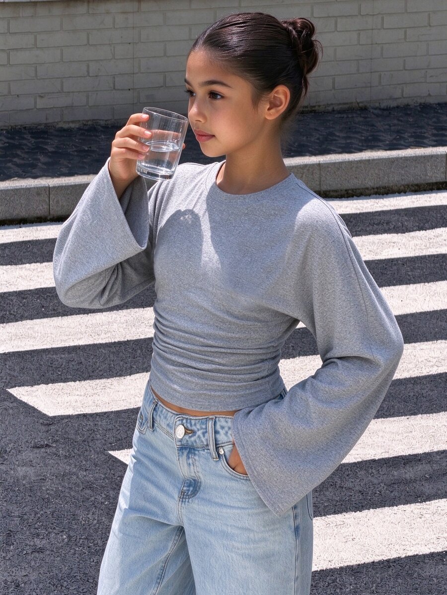 Tween Girl Solid Color Pleated Casual Daily T-Shirt - Grey - View 1