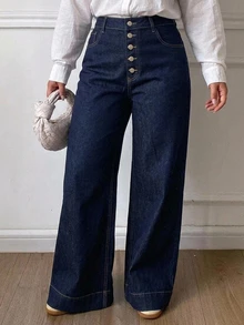 Dazy Plus Quần jean dài ống rộng suông rộng dáng lỏng nhiều nút, mài rách phong cách vintage, mặc quanh năm mùa thu - Rửa tối - Xem 3