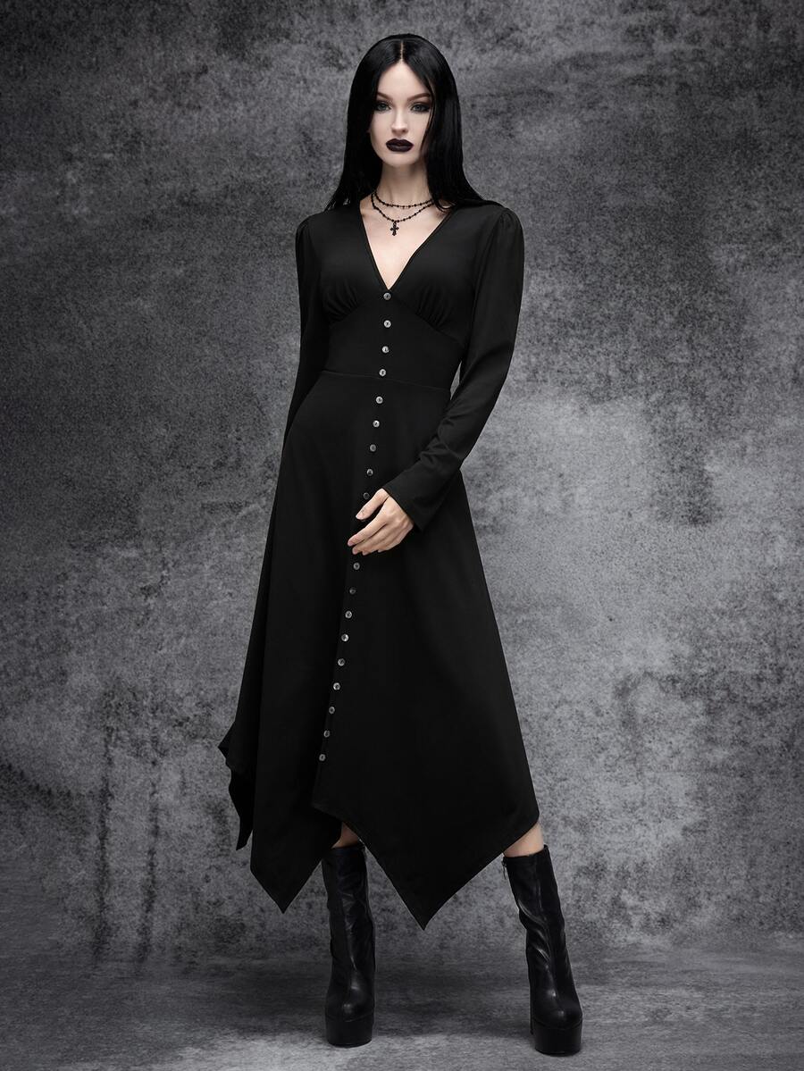 Cryptelle Women's Asymmetrical Hem V-Neck Button Dress Autumn/Winter Black Gothic Style Halloween Party Outfit - Black - View 1