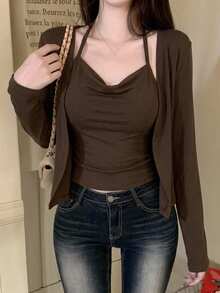 DAZY Women's Solid Color Pure Desire Camisole & Long Sleeve Cardigan 2 Pieces Set, Korean Style, Versatile For Spring And Autumn Vacation - Coffee Brown - View 1