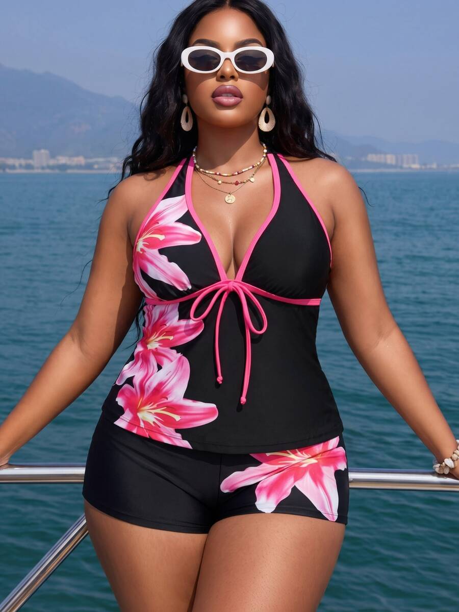 Swim Lushoire 2026 Autumn New Women's Plus Size Lily Print V-Neck Halter Bikini Tank Top & Hipster Bottom 2 Pieces Swimsuit - Black - View 1