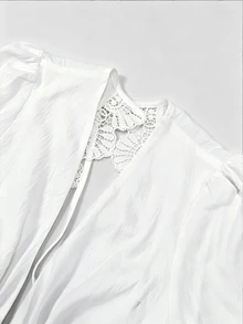 Cévolie Contrast Lace Tie Backless Lantern Sleeve Dress - White - View 5