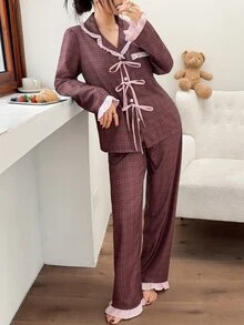 Napfluff Women's Colorblock Long Sleeve Top And Pants Casual Daily Home Sleepwear Set - Brown - View 3