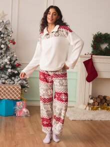 Chillnights Set Piyama Wanita Motif Salju Natal Warna Blok Mewah Lengan Panjang Kerah Bulat - MultiWarna - View 3