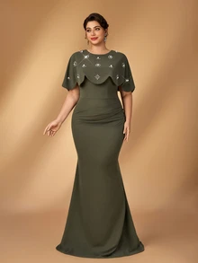 Serin Plus Size Elegant Romantic Minimalist Dark Green Round Cape 2 In 1 Computer Beaded Rhinestone Pleated Fitted Mermaid Wedding Event Ball Vacation Bridal Mother Evening Gown - Green - View 1