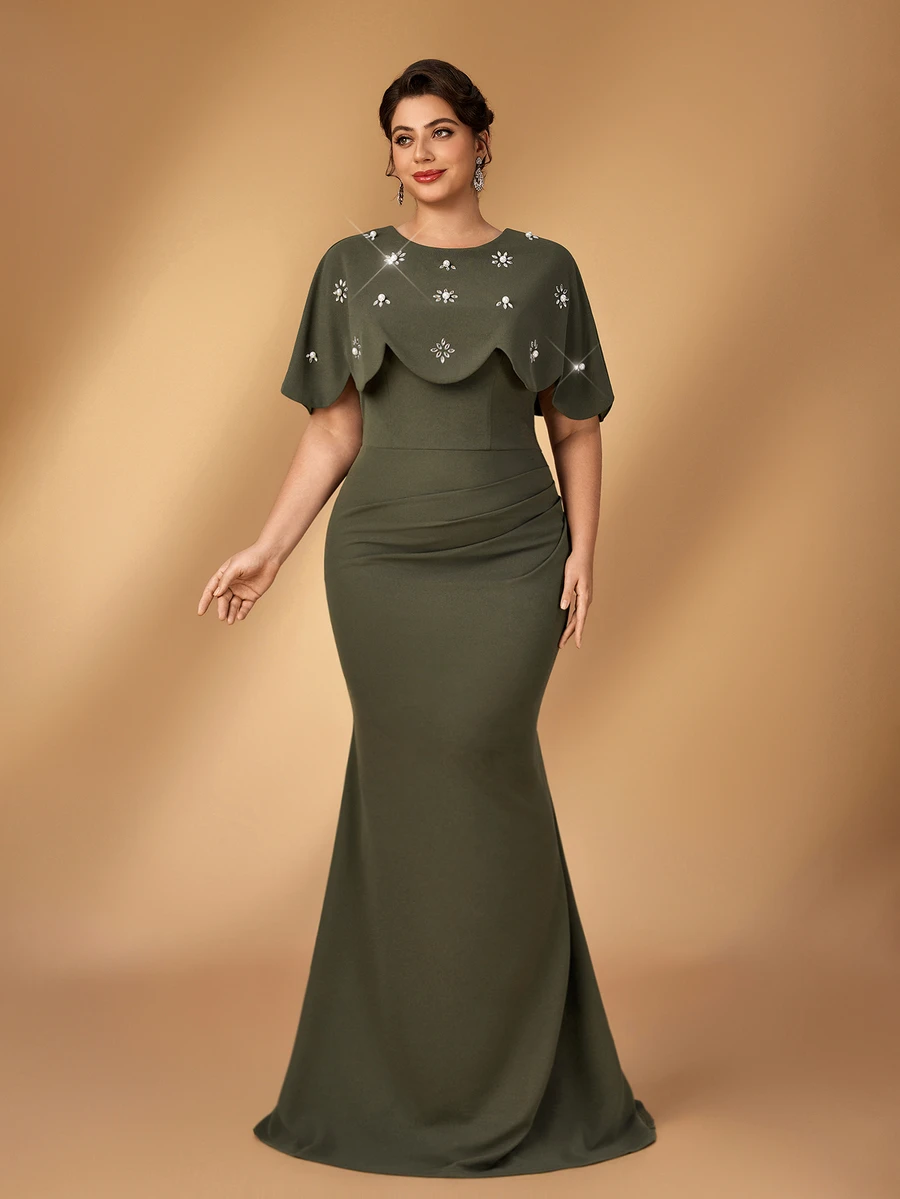 Serin Plus Size Elegant Romantic Minimalist Dark Green Round Cape 2 In 1 Computer Beaded Rhinestone Pleated Fitted Mermaid Wedding Event Ball Vacation Bridal Mother Evening Gown - Green - View 1