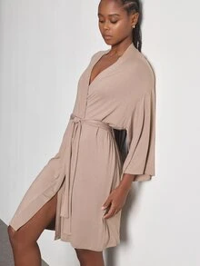 Ocili SHEINLeisure Ultra-Soft Plain Knit Robe, Blended Fabric, Silky, Can Be Paired With Any Basic Style - Khaki - View 6