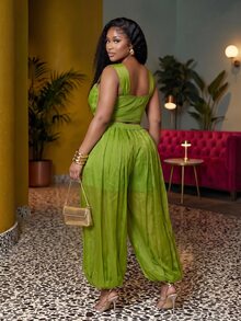 Slaydiva Plus Size Women's Pleated Design Cropped Sleeveless Top And Lantern Pants Fashion Set - Green - View 3