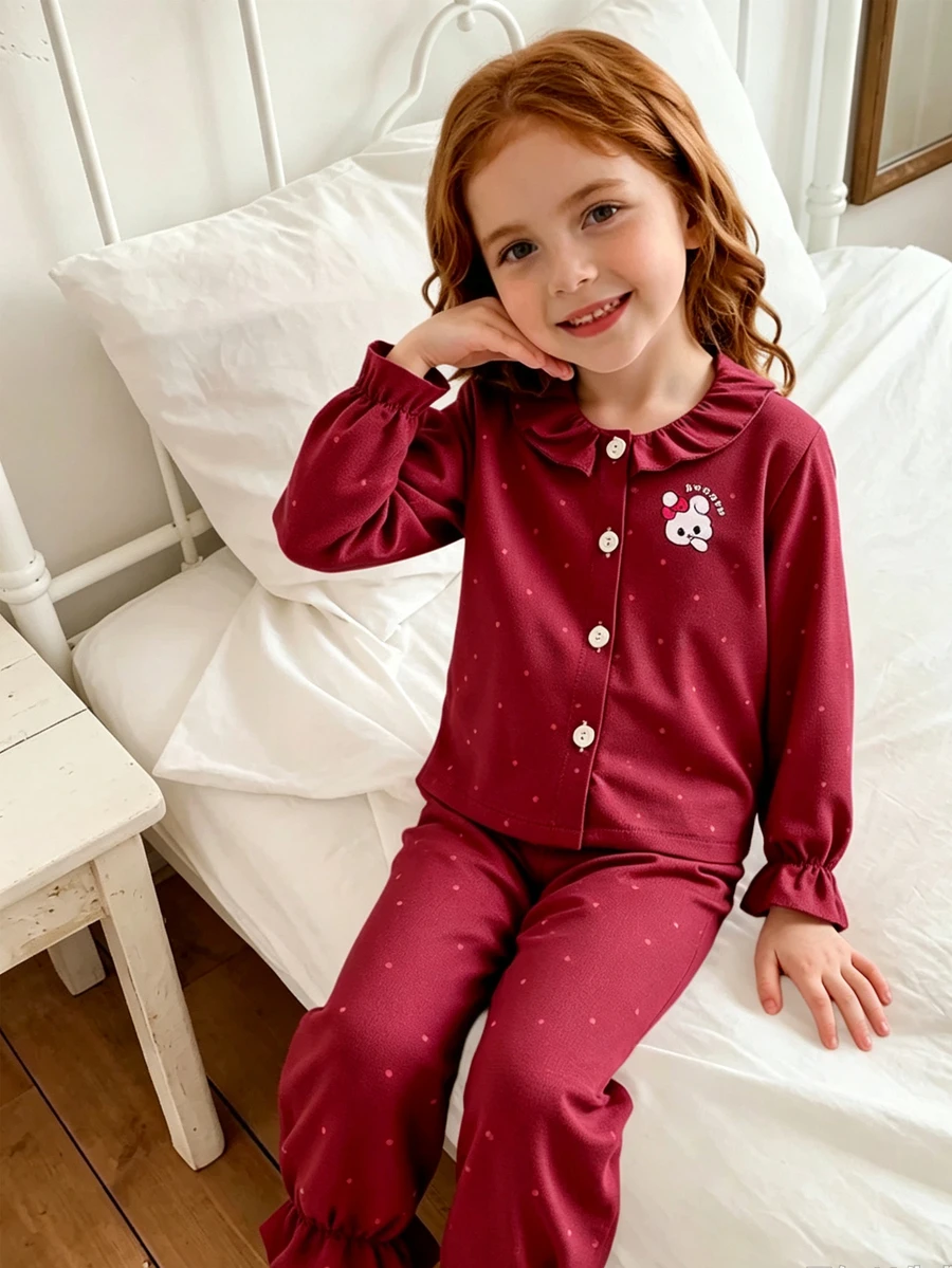 SHEIN 2pcs Girls Blue Summer Fairy Night Pajama Autumn/Winter Set, Cute Rabbit Polka Dot Print Woven Fabric Long Sleeve Cardigan With Ruffle Collar&Pants - Burgundy - View 1