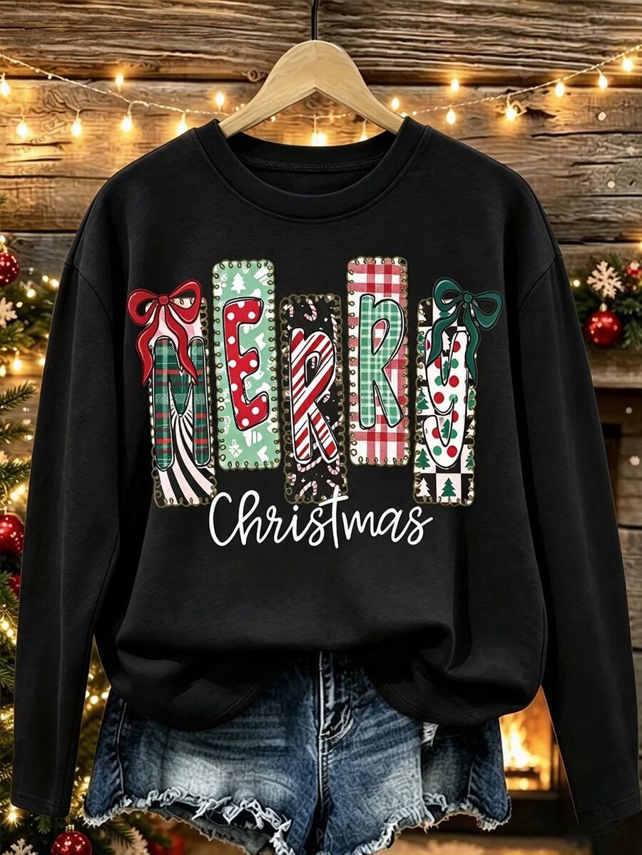 Bytebia Bytebia A Stylish, Loose-Fitting Long-Sleeve T-Shirt For Autumn And Winter, Featuring A Christmas-Themed Graphic Print And Lettering. Comfortable And Festive, - White - View 1