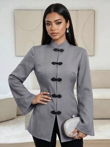 Veilorie 女款純色青蛙鈕扣設計長袖阿拉伯風上衣 - 藍色 - 查看 8