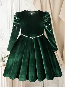 SHEIN 青少年女孩時尚酒紅色天鵝絨珠飾V領泡泡袖針織A字迷你洋裝 春秋冬 畢業典禮 優雅穿搭 - 綠色 - 查看 7