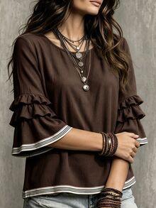 Glimmora Women's Summer Autumn New Contrast Color French Casual Loose Ruffle 3/4 Flare Sleeve Plus Size Blouse Fall - Brown - View 5
