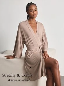 Ocili SHEINLeisure Ultra-Soft Plain Knit Robe, Blended Fabric, Silky, Can Be Paired With Any Basic Style - Khaki - View 1