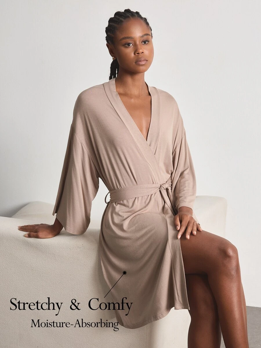 Ocili SHEINLeisure Ultra-Soft Plain Knit Robe, Blended Fabric, Silky, Can Be Paired With Any Basic Style - Khaki - View 1