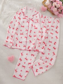 甜美風愛心印花女款與青少年睡衣套裝，長袖翻領開襟衫與長褲，休閒舒適兩件式家居服 - 粉色 - 查看 6