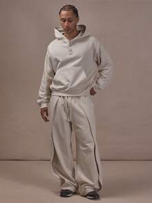 Musero Oversized Drop Shoulder Crop Length Button Neck Hoodie Co Ord Hoodie Only Autum Winter Essentials - Grey - View 2
