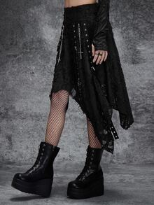 Cryptelle Rok Rajut Tekstur Gothic Hitam Wanita dengan Hem Asimetris dan Rumbai, Pakaian Halloween Musim Gugur/Dingin - Hitam - View 7