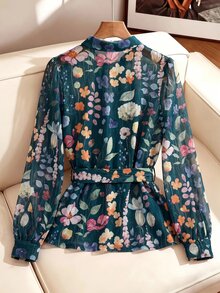 SHEIN Clasi 女款花卉印花長袖腰部打結優雅浪漫襯衫，白色花卉，適合早午餐，秋季 - 墨綠色 - 查看 2