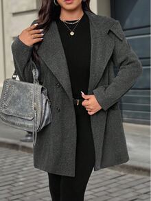 SHEIN LUNE CURVE Plus Double Breasted Hooded Overcoat - Black - View 3
