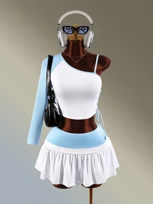 Amplova Women's Blue & White Asymmetric Shoulder Long Sleeve T-Shirt + Mini Skort Sports Set - White - View 2