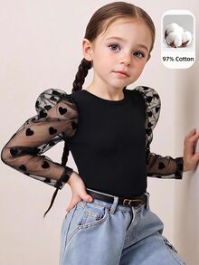 Young Girl Solid Color Round Neck Contrast Mesh Gigot Sleeve Casual T-Shirt - Black - View 1
