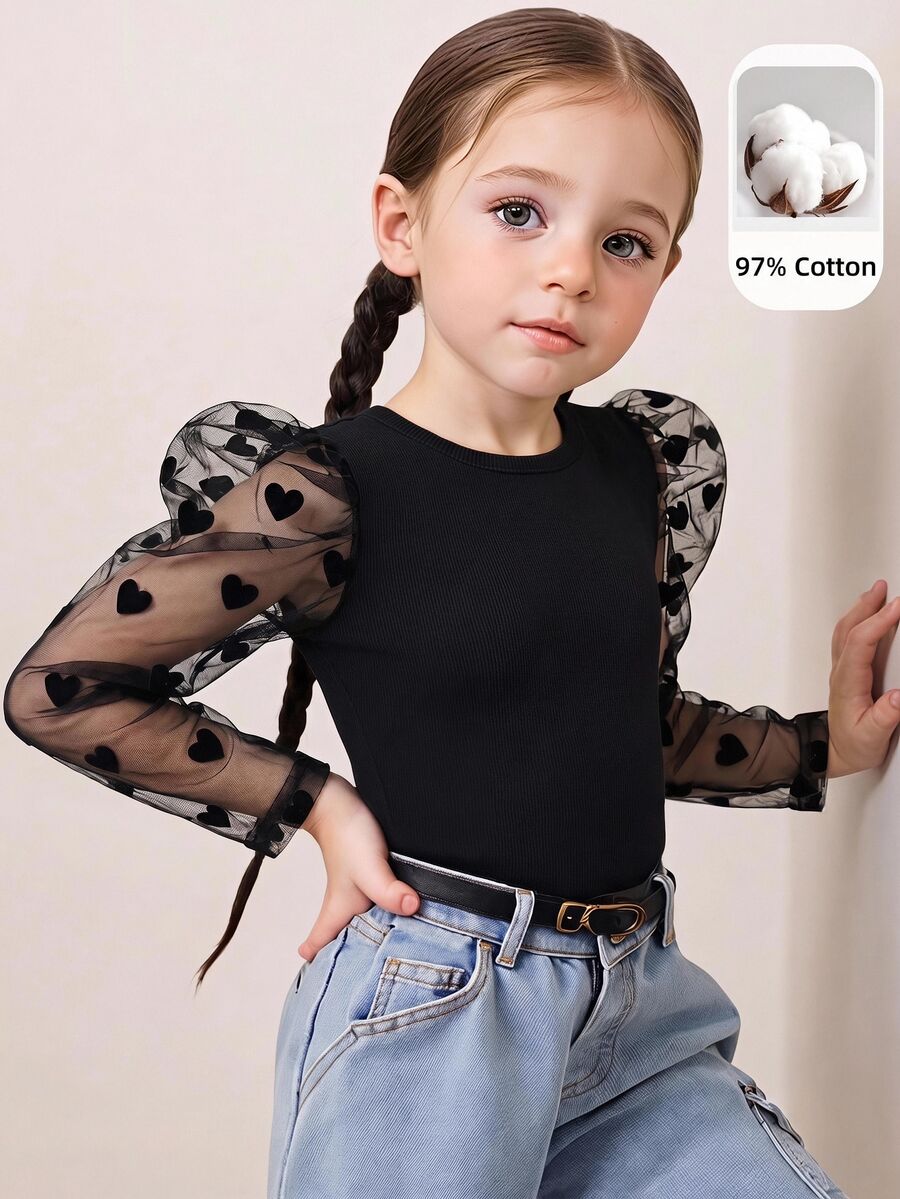 Young Girl Solid Color Round Neck Contrast Mesh Gigot Sleeve Casual T-Shirt - Black - View 1