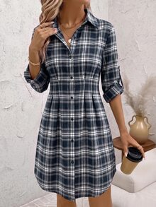 SHEIN Clasi Women's Casual Vintage 2000s Plaid Front Button Dress, Autumn Work Brown Plaid - Navy Blue - View 6