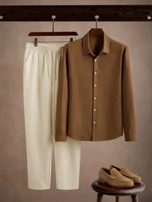 Core Aspect Men's Khaki Brown Long Sleeve Shirt + White Pants Set, Minimalist Design Lapel Top + Pants Set, Casual Daily Commute Vacation Outfit - Khaki - View 1