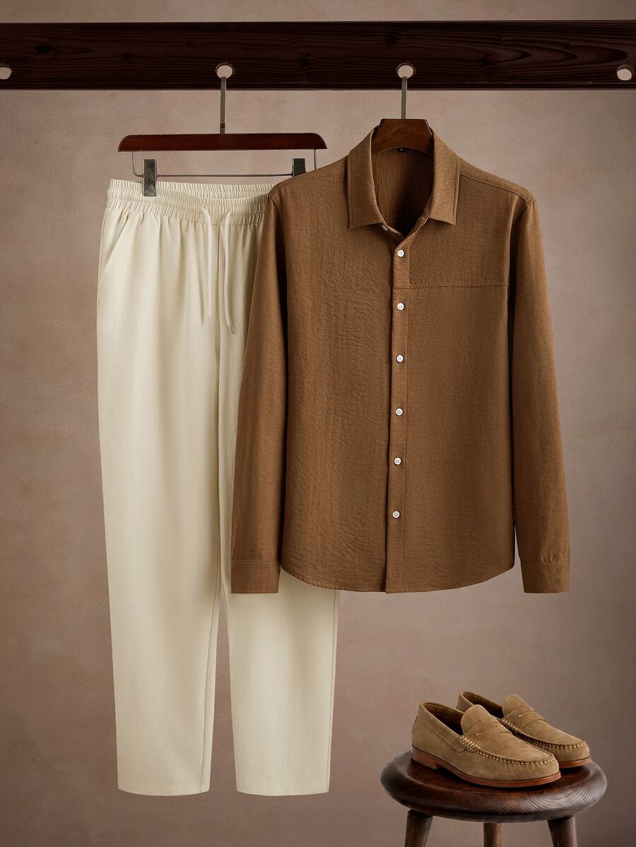 Core Aspect Men's Khaki Brown Long Sleeve Shirt + White Pants Set, Minimalist Design Lapel Top + Pants Set, Casual Daily Commute Vacation Outfit - Khaki - View 1