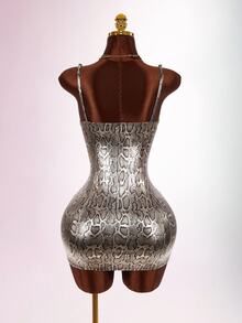 Amplova Women's Spaghetti Strap Snake Print Sexy Avant-Garde Bodycon Mini Dress, Cute And Sexy, Suitable For Autumn/Winter Outfits, Tight Fit - Grey - View 3