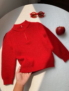 嬰兒男孩嬰兒女孩兒童小男孩紅色百搭舒適圓領長袖套頭秋季毛衣，適合聖誕節和新年 - 紅色 - 查看 9