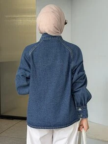 DAZY Women's Raglan Sleeve Single-Breasted Casual Denim Jacket - Blue - View 2