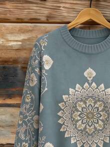 SHEIN LUNE Vintage Mandala Print Round Neck Sweater Women, Gray Blue Loose Drop Shoulder Pullover Knit Plus Size Top - Blue - View 6