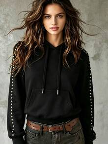 INAWLY Solva Áo nỉ hoodie nữ mặc thường ngày phong cách casual trang trí đính đá - màu đen - Xem 1