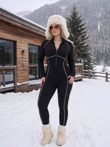 SHEIN ICON Plus Size Vintage Y2K Sexy Front Zipper Contrast Stitching Decor Slimming Tight Jumpsuit, Jumpsuit Outfit - Black and White - View 2