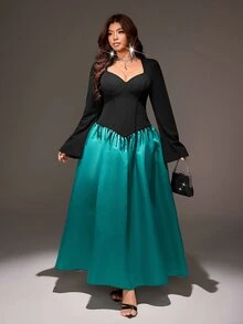 Viva Relle Plus Size Women's Colorblock Pleated Casual Elegant Party Evening Summer Dress Fall New Year Teal - Multicolor - View 4