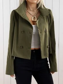 SHEIN EZwear 卡其色梭織鈕扣前襟女款風衣，適合辦公商務、秋季優雅休閒，教師節穿搭 - 軍綠色 - 查看 2