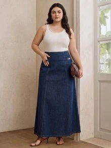 Anewsta Plus Women's New Casual Fashion Vacation Spring/Summer White Plus Size Skirt - Navy Blue - View 4