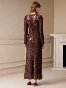 Arave Elegant 3D Floral Embroidered Round Neck Long Sleeve Cinched Waist Dress - Multicolor - View 2