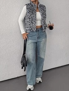 SHEIN EZwear 大尺碼牛紋短版夾克，秋冬牛仔女裝背心 牛紋背心 西部風背心 人造毛背心 - 深灰色 - 查看 6