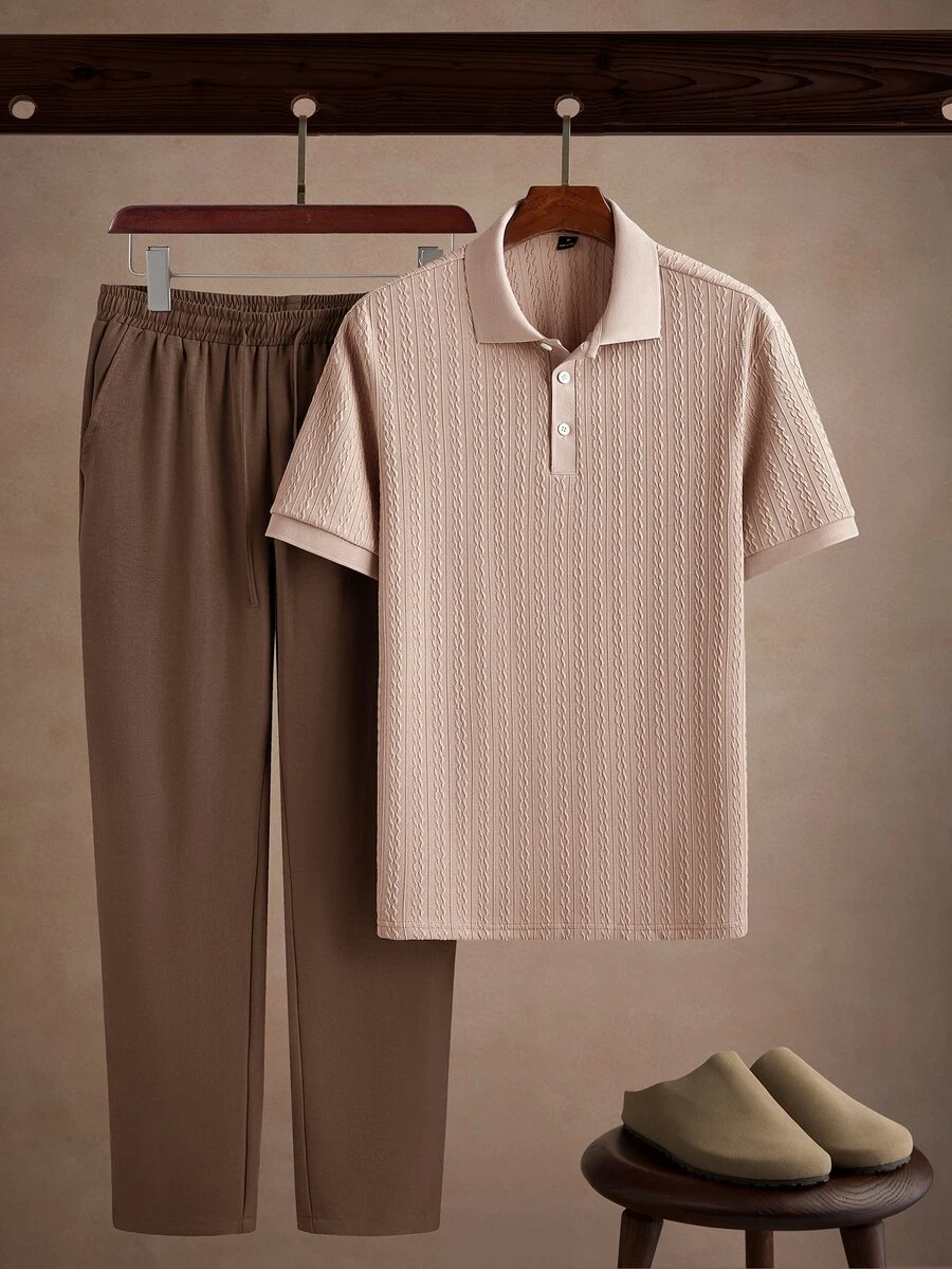 Core Aspect Men's Knitted Jacquard Textured Polo + Drawstring Straight Leg Pants Set, Casual Business Daily Commute Outfit - Multicolor - View 1