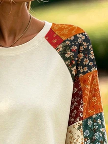 LanaWest CURVE Plus Size Women Vintage Floral Printing Crew Neck Raglan Sleeve Casual Sweatshirt Pullover Fall Winter Autumn - Multicolor - View 3