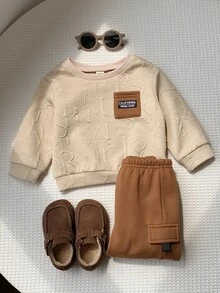 SHEIN 男嬰秋冬款紋理高級棕色口袋運動衫套裝，適合節日、萬聖節、聖誕禮物 - 棕色 - 查看 3
