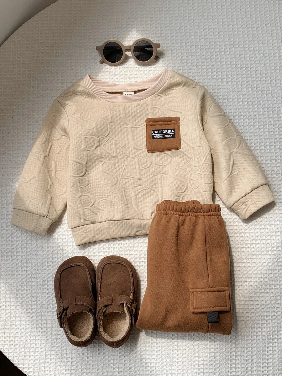 SHEIN Baby Boy Autumn/Winter Textured Premium Brown Pocket Sweatshirt Set, Suitable For Holidays, Halloween, Christmas Gifts - Brown - View 1
