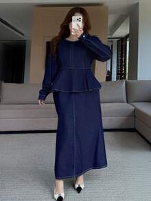 Dazy Plus Vintage Solid Color Washed Long Sleeve Patchwork Hem Long Denim Dress Elegant - Dark Wash - View 1