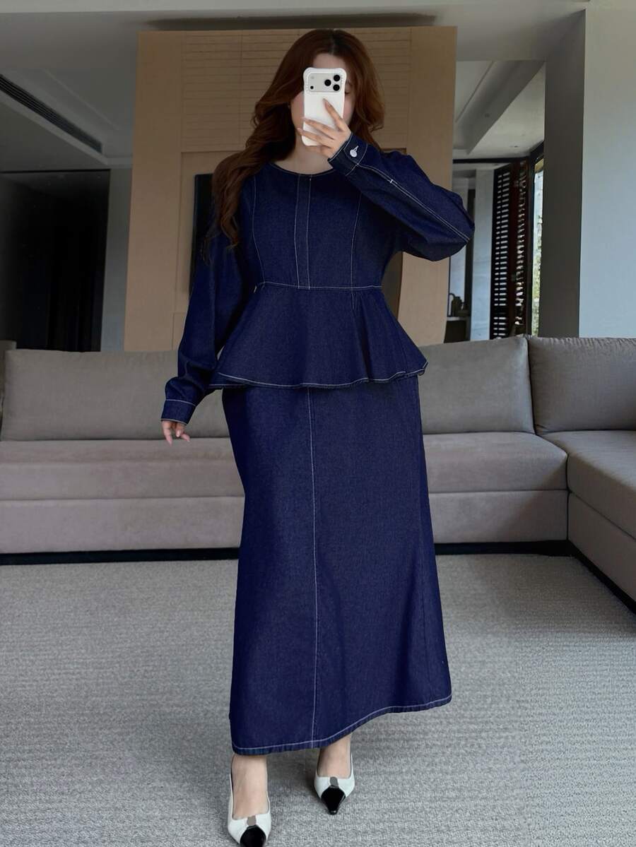 Dazy Plus Vintage Solid Color Washed Long Sleeve Patchwork Hem Long Denim Dress Elegant - Dark Wash - View 1