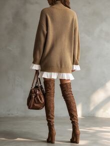 SHEIN Women's Fall/ Patchwork Ruffle Hem Long Sleeve Knit Dress Brunch Camel Casual - Camel - View 2