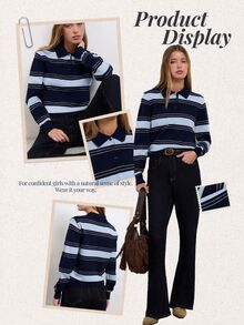 Nöista Knitted Casual Polo Collar Striped Shirt - Blue - View 12
